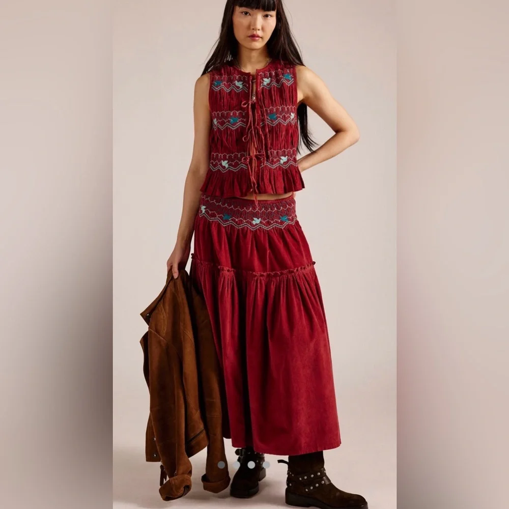 NEW 2 Piece Set Free People Velvet Embroidered Tie Front Top & Midi Maxi Skirt - Picture 1 of 4
